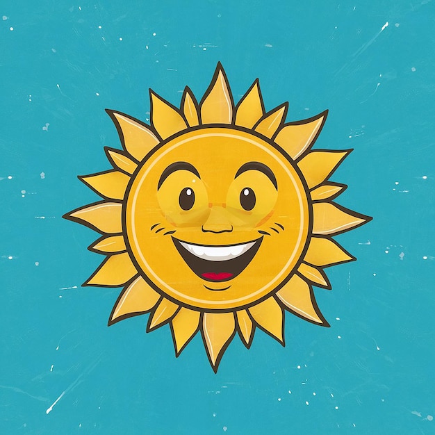 um sol de desenho animado com um fundo azul com um rosto sorridente