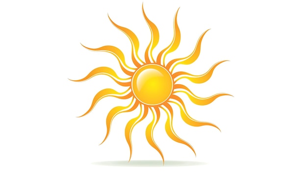 Um sol de desenho animado estilizado com raios amarelos e laranjas em um fundo branco