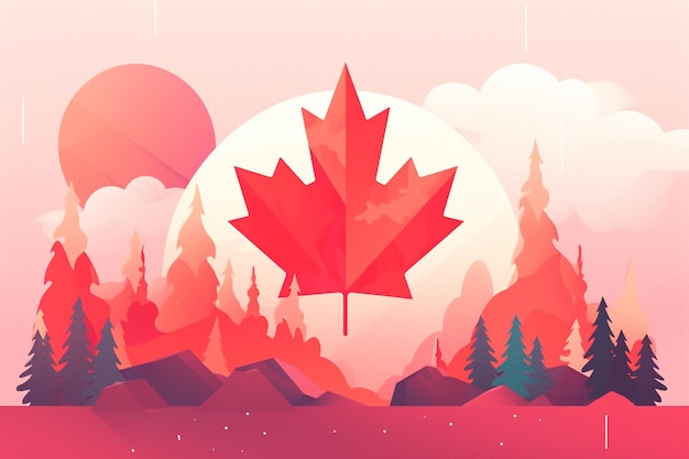 Um sol de folha de bordo vermelho nascendo no fundo do dia da floresta no Canadá