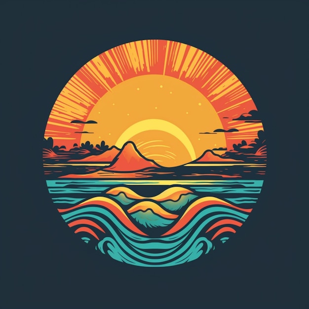 Um sol e montanhas com uma onda e o sol