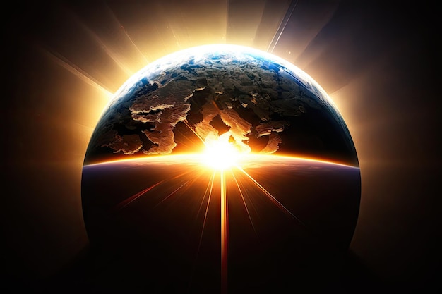 Um sol nascendo sobre um globo lançando raios de luz que iluminam os diferentes continentes