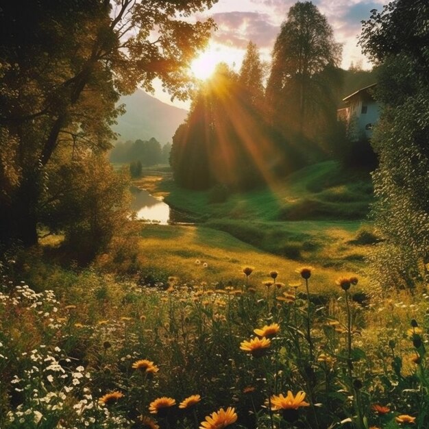 um sol se pondo sobre um campo de flores e árvores.