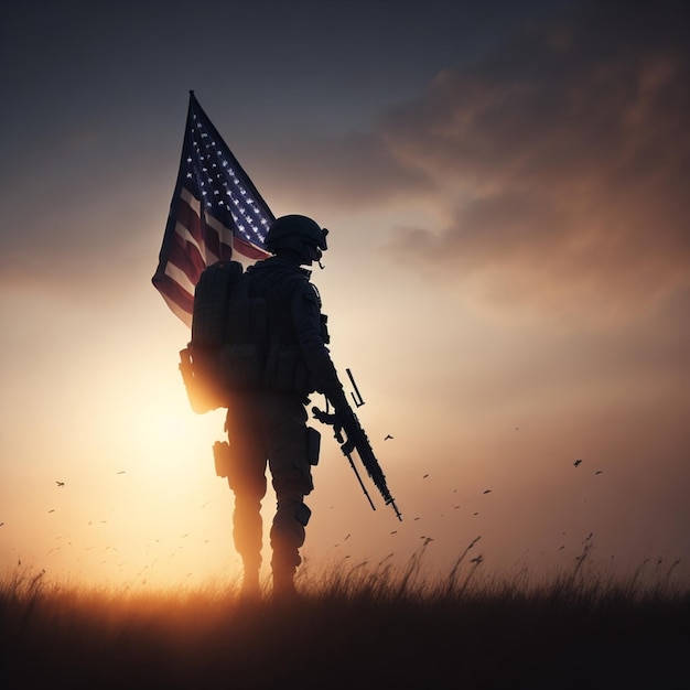 Foto um soldado americano com a bandeira dos estados unidos da américa