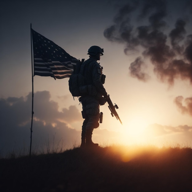 Um soldado americano com a bandeira dos Estados Unidos da América
