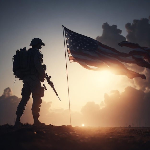 Foto um soldado americano com a bandeira dos estados unidos da américa