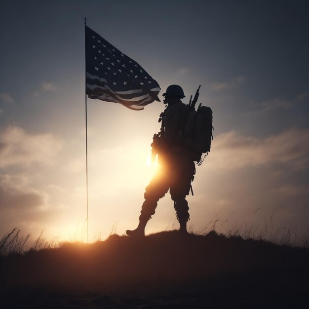 Um soldado americano com a bandeira dos Estados Unidos da América