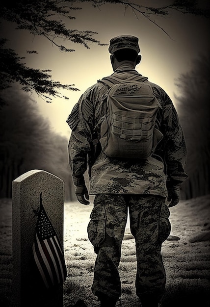 Um soldado americano está em frente ao túmulo de seu irmão, um veterano de guerra gerado pela IA.