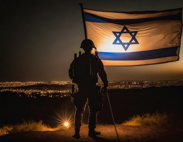 Foto um soldado armado está ao lado de uma bandeira israelense com uma bela silhueta de pôr do sol