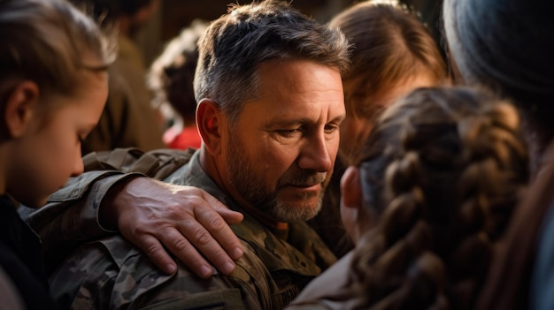 Foto um soldado calorosamente abraçado por sua família após um longo destacamento, retratando emoções profundas, sacrifícios e reencontros