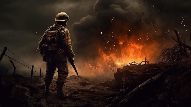 Um soldado caminhando em direção a um prédio em chamas Generative AI Art
