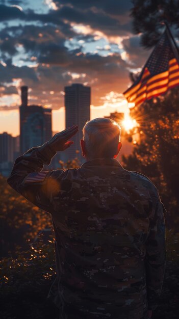 Um soldado camuflado saúda a bandeira americana contra um fundo vívido de pôr-do-sol em um tranquilo parque urbano