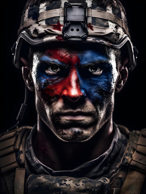 Um soldado com capacete e pintura facial