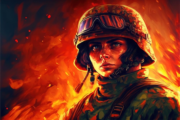Um soldado com sua arma de pé contra o fundo do fogo e olhando para o visualizador Pintura de ilustração de estilo de arte digital