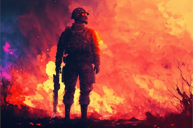 Um soldado com sua arma de pé contra o fundo do fogo e olhando para o visualizador Pintura de ilustração de estilo de arte digital