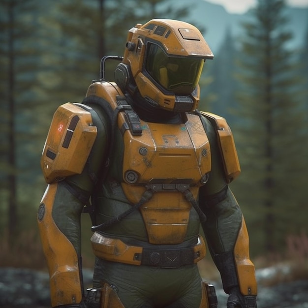 Um soldado com um capacete amarelo está em uma floresta.