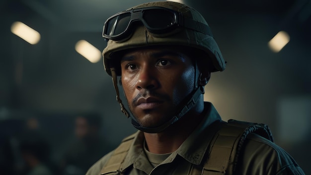 Foto um soldado com um capacete e óculos de proteção na cabeça