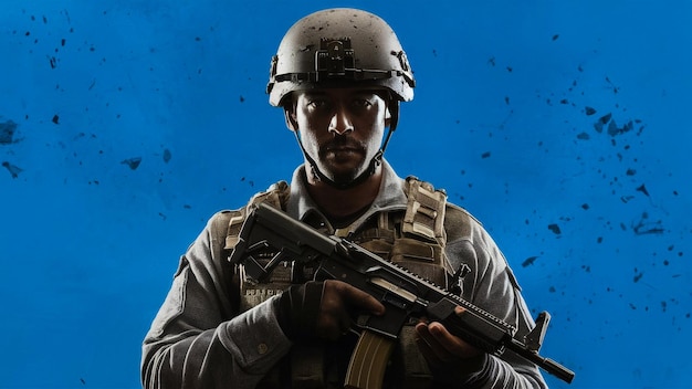 Foto um soldado com uma arma na mão e as palavras 