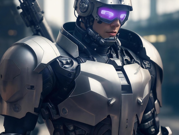 Um soldado cyborg futurista em um terno de metal protege contra o perigo gerado