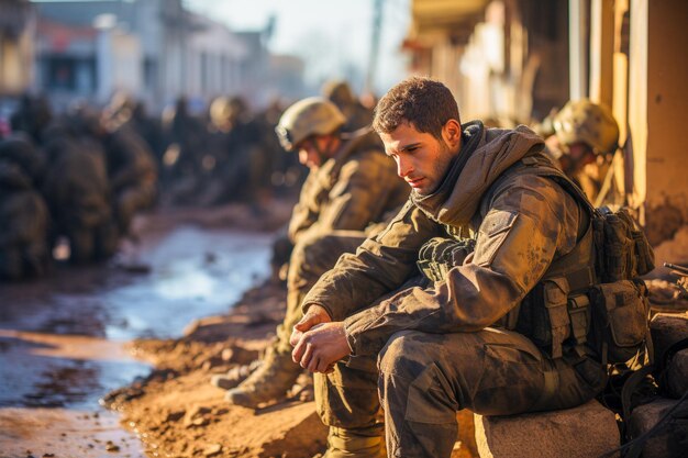 Um soldado de luto no campo de batalha