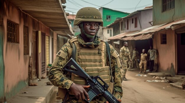 Um soldado de pé em frente a um edifício que os ladrões bloquearam está carregando enquanto usa uma roupa de camuflagem e carrega uma arma GENERATE AI