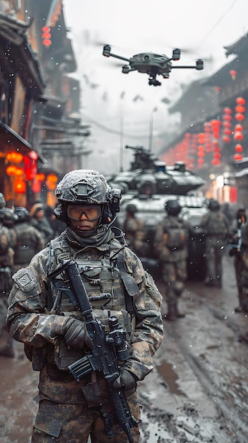 Foto um soldado de uniforme militar está andando na chuva