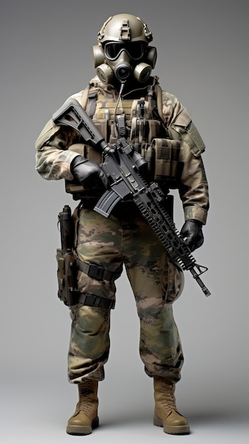 um soldado dos EUA com máscara em uniforme de combate completo contra um fundo em branco
