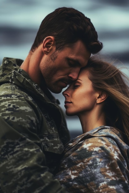 Um soldado e uma mulher estão se abraçando e se olhando.