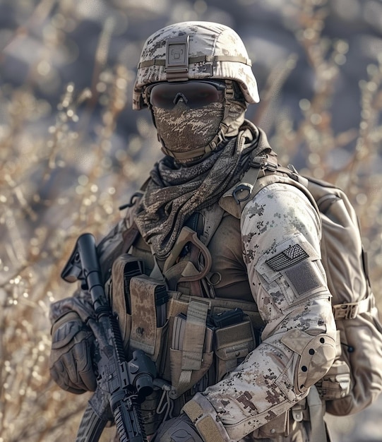 Foto um soldado em equipamento de combate está de pé no deserto