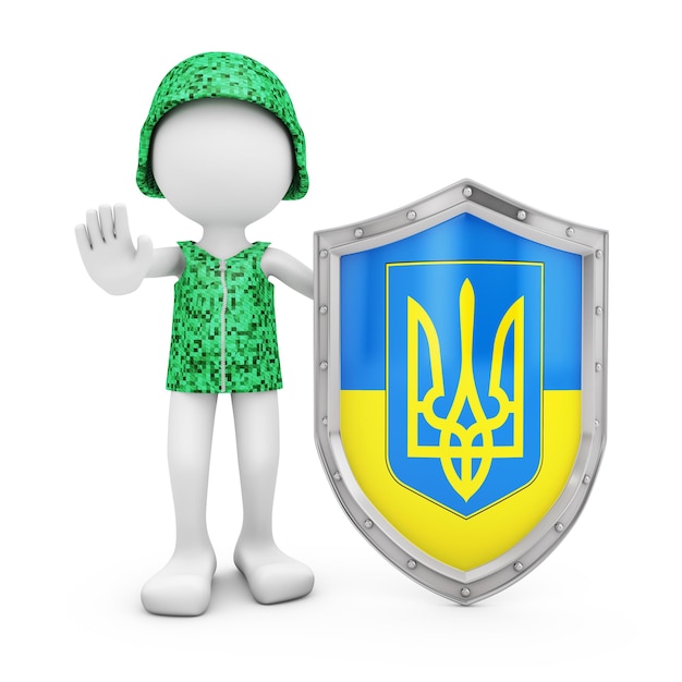 Um soldado em um capacete ao lado de um escudo com o emblema da Ucrânia 3d render