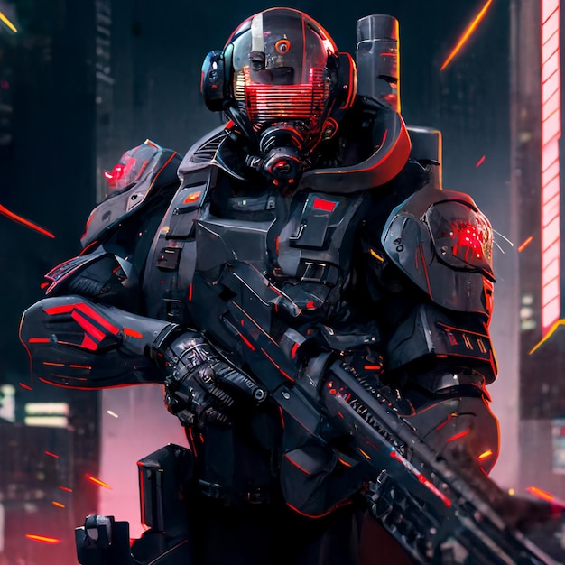 Um soldado em uma cidade futurista com um capacete vermelho e preto e uma arma.