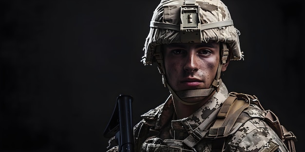 Um soldado em uniforme armado e pronto para a batalha exalando força e destreza militar Conceito Uniforme de Força do Soldado de Batalha Militar