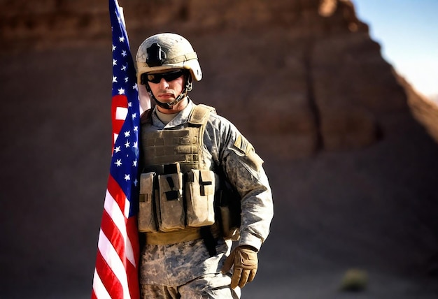 Foto um soldado em uniforme militar está em frente a uma bandeira que diz 