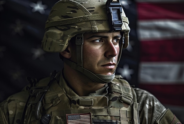 Um soldado em uniforme militar está na frente de uma bandeira que diz exército dos EUA.