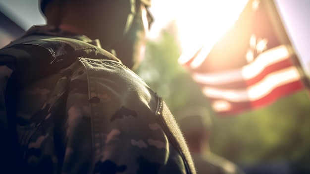 Foto um soldado em uniforme militar observa uma multidão.