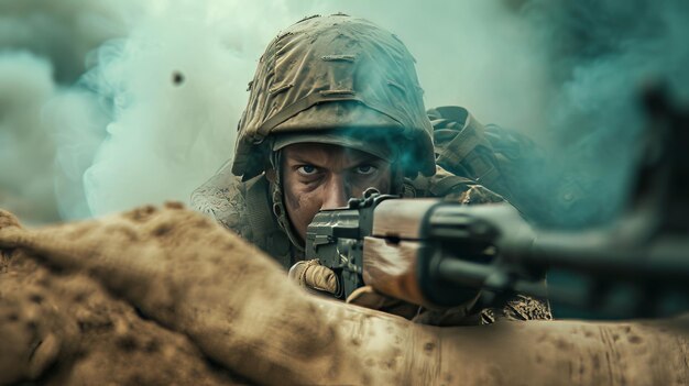 Foto um soldado esconde-se atrás de sacos de areia. os seus olhos vêem através da zona de guerra fumegante.