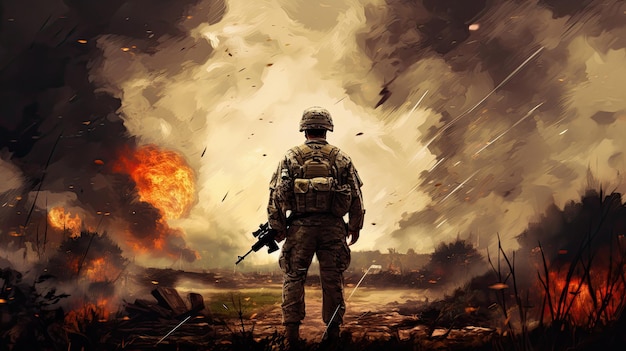 um soldado está diante de uma explosão em chamas.