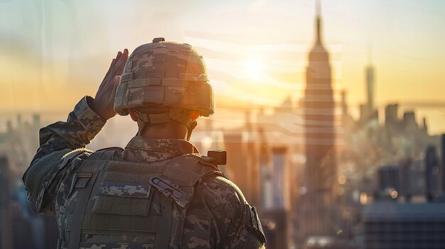 um soldado está em frente a um horizonte da cidade