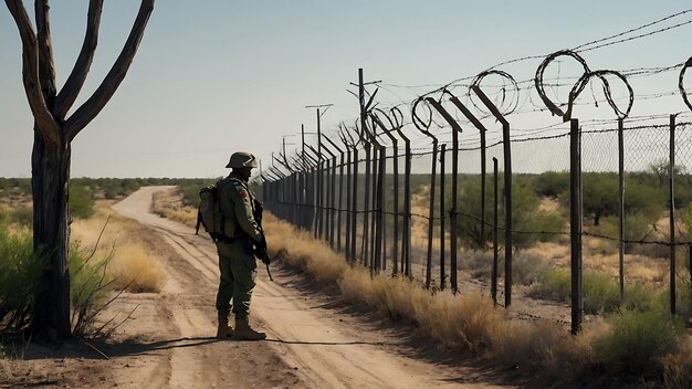 Foto um soldado está em frente a uma cerca de arame farpado