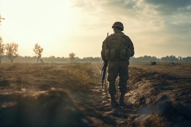 Um soldado está em um campo com o sol atrás dele