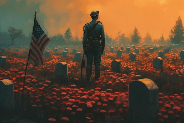 Um soldado está em um campo de flores com a bandeira americana nele.