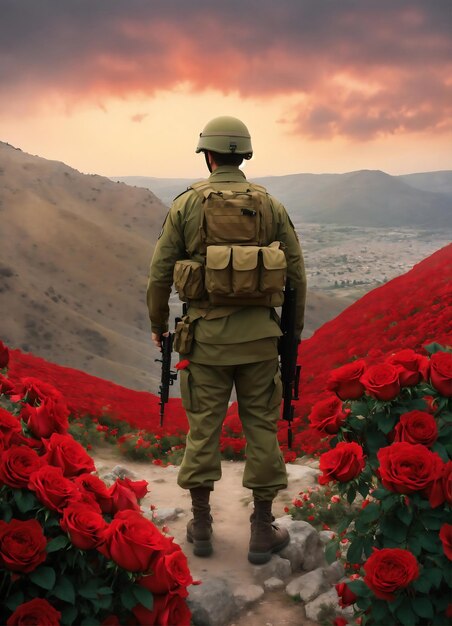 Foto um soldado está em um campo de rosas vermelhas