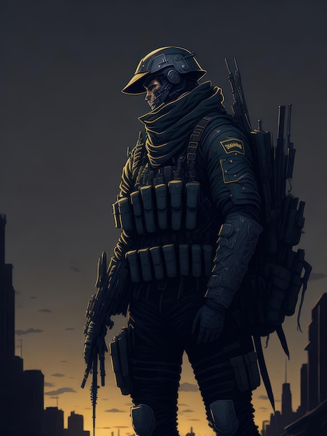 Um soldado está na frente de uma paisagem urbana.