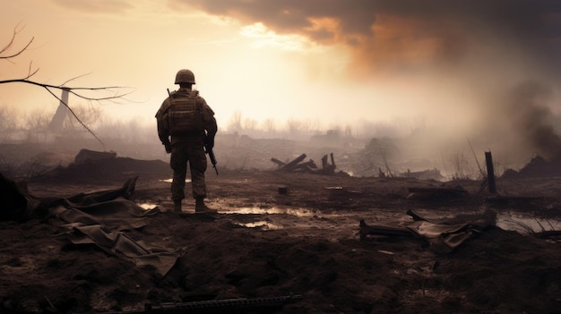 Um soldado está no meio de uma floresta destruída ai