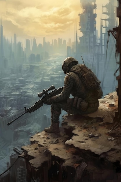 Um soldado está sentado em uma saliência em frente a uma cidade em ruínas.