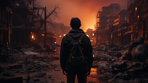 Um soldado fica de um prédio destruído