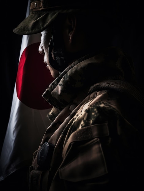 Um soldado fica em frente a uma bandeira que diz 'eu sou a luz'