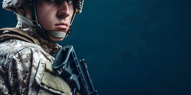 Um soldado forte e poderoso em uniforme pronto para a batalha conceito militar soldado uniforme de batalha forte