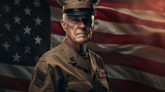 Um soldado idoso em uniforme militar em frente a uma bandeira americana