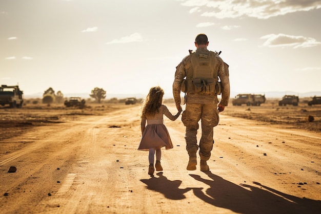 Um soldado militar e uma menina estão caminhando por uma estrada de terra no meio do deserto