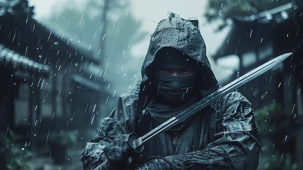 Foto um soldado ninja em uma tempestade de chuva com uma espada na mão